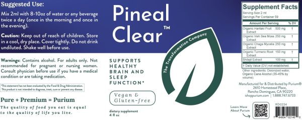 Pineal Clear dietary supplement label, vegan and gluten-free.