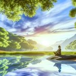 Person meditating by tranquil lake at sunrise, serene nature.