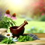 Herbal medicine preparation with mortar and flowers.